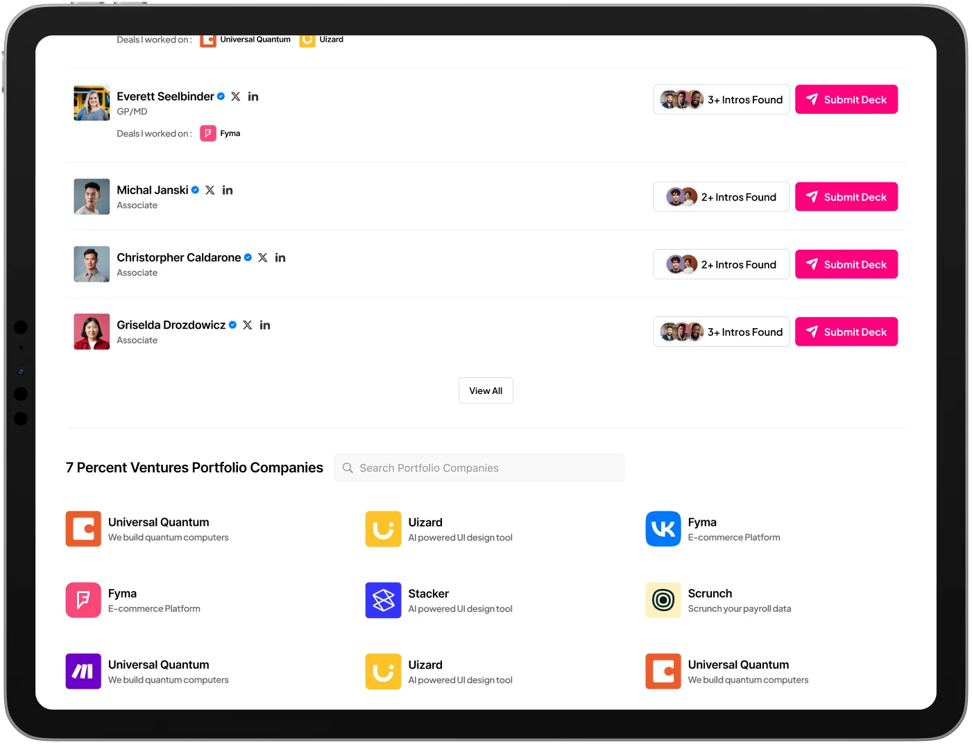 OpenVC Portfolio screen on an iPad