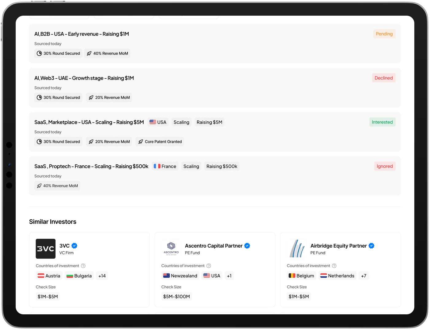 OpenVC Deal flow screen on an iPad