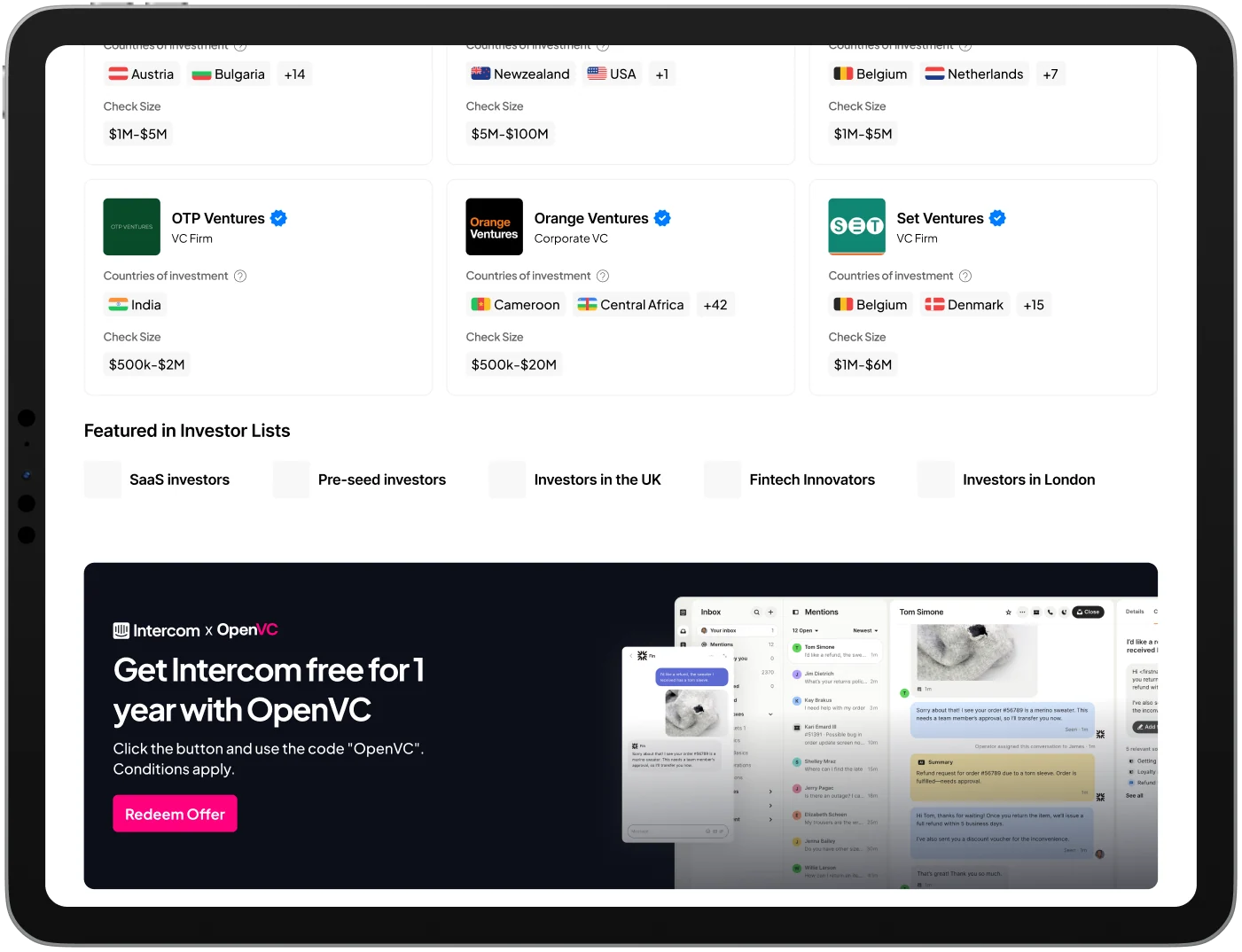 OpenVC Investor discovery screen on an iPad