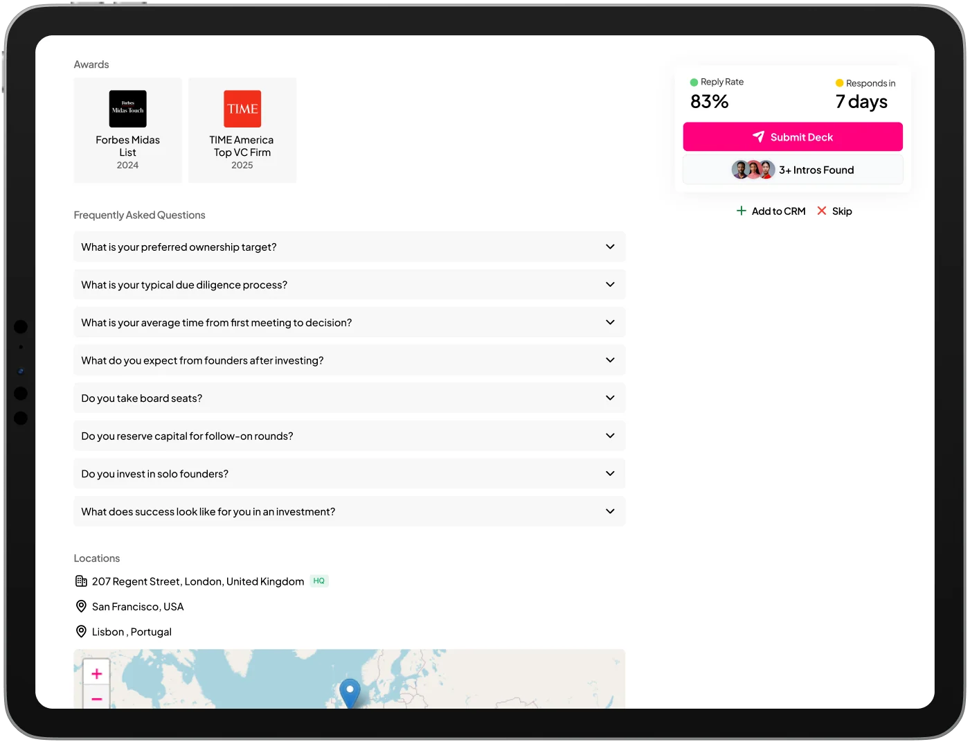 OpenVC Investor details screen on an iPad