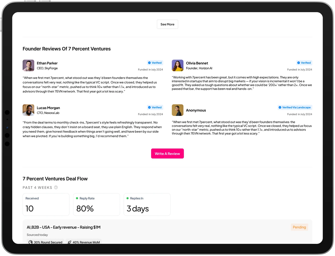 OpenVC Reviews screen on an iPad